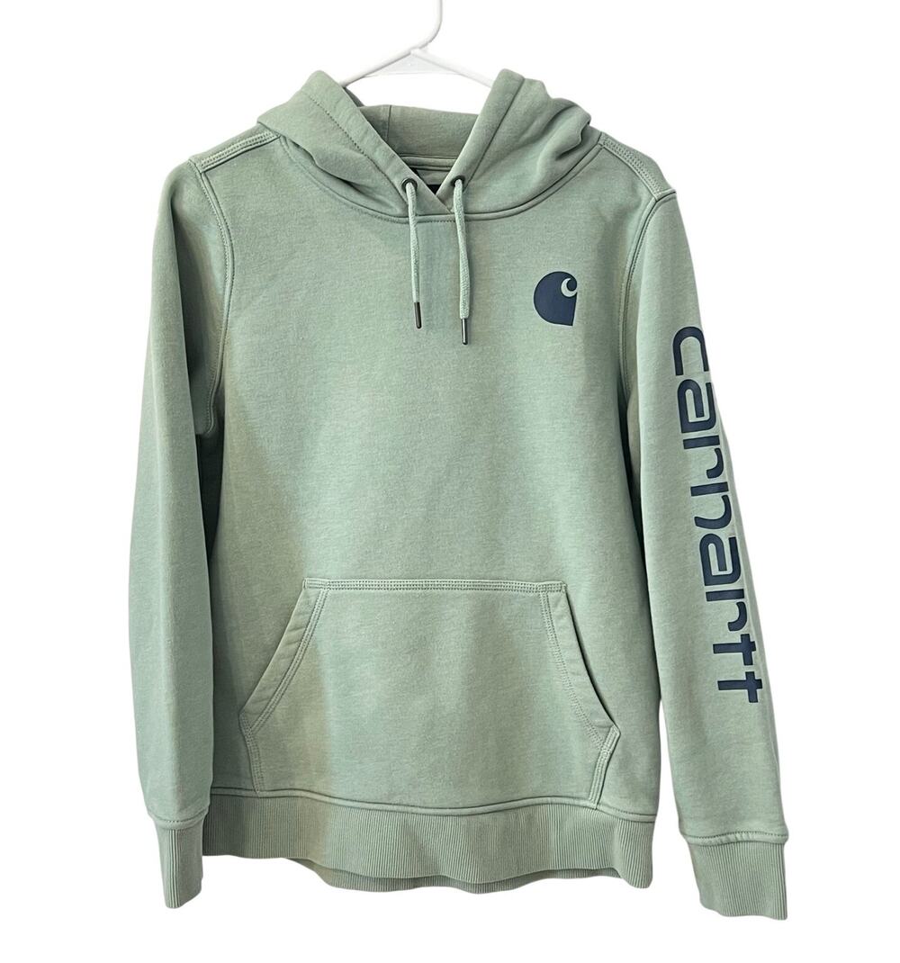 CARHARTT Green Pullover Hoodie Womens Sz M 8-10 Sleeve Logo RELAXED FIT Pockets
